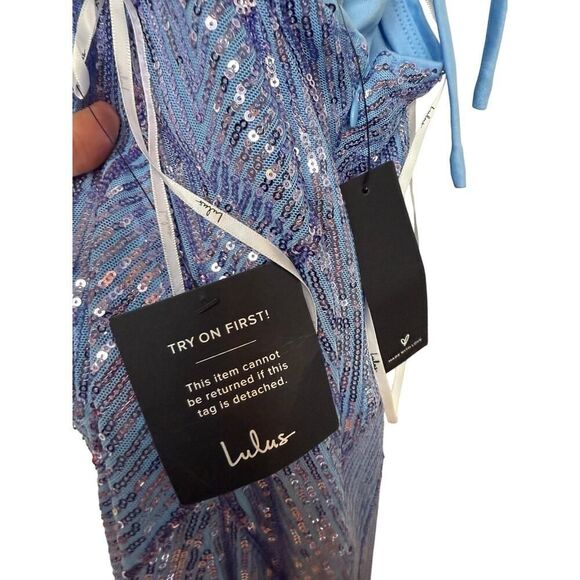 Lulus Flawless Glow Periwinkle Iridescent Sequin Lace-Up Maxi Dress Sz. S - Picture 7 of 9